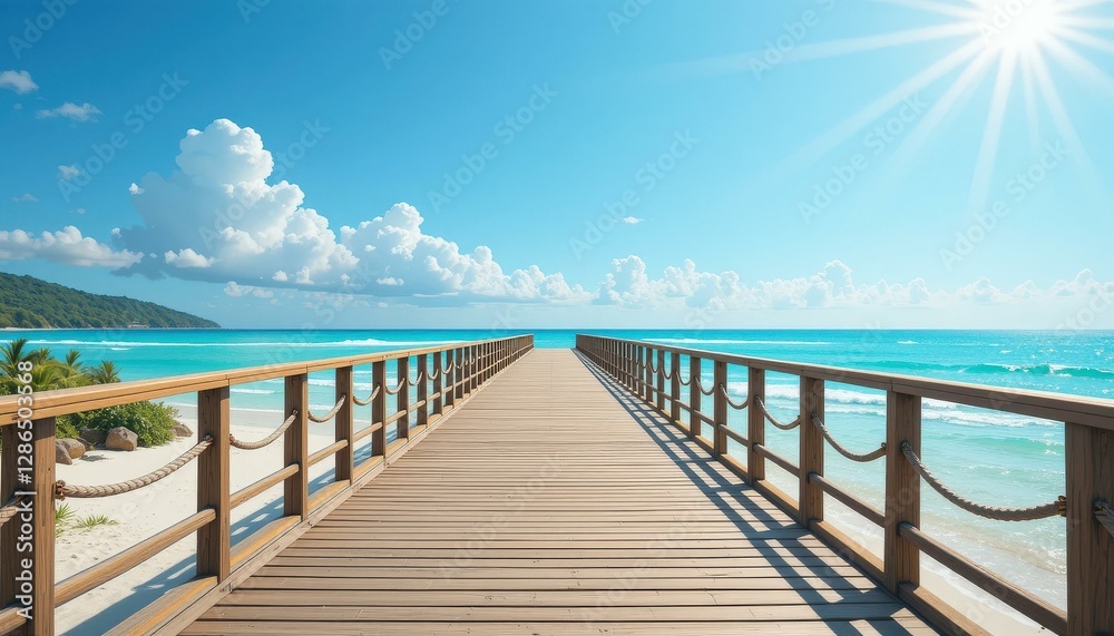 Tropical Wooden Pier Overlooking Turquoise Ocean Bright Blue Sky - Summer Beach Vacation Marketing Travel Promotions Tropical Wooden Pier Overlooking Turquoise Ocean Bright Blue Sky - Summer Beach Vacation Marketing Travel Promotions
