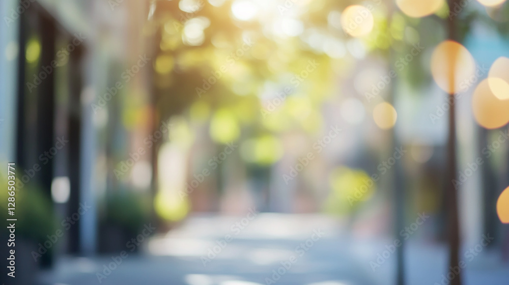 Blurred outdoor urban background, city street with trees and shadow, sunny day with bokeh lights