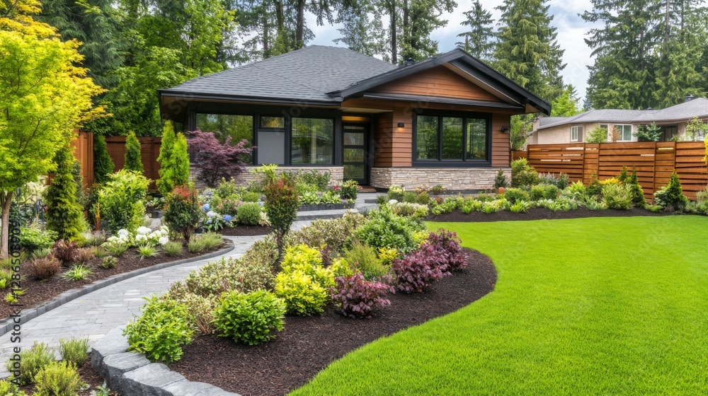 Naklejka premium Beautifully landscaped modern home with vibrant gardens and lush greenery in a serene neighborhood setting