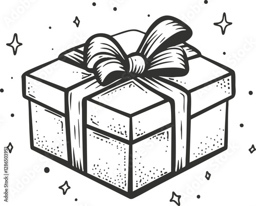 Black and white illustration of a gift box with ribbon and bow.