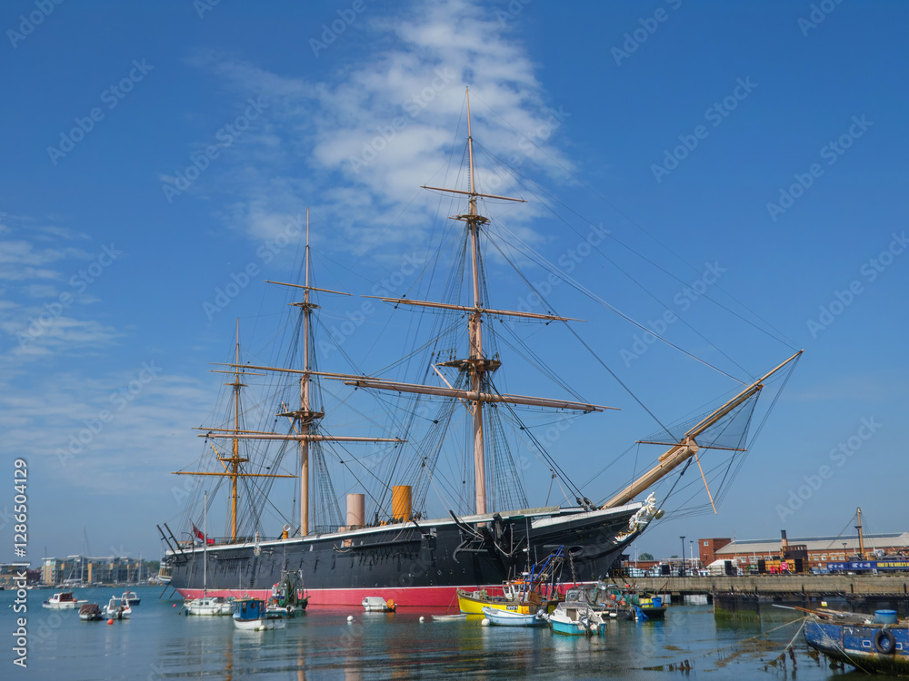 HMS Warrior 1860 a 40 gun steam powered armoured frigate in Portsmouth Harbour Hampshire England HMS Warrior 1860 a 40 gun steam powered armoured frigate in Portsmouth Harbour Hampshire England