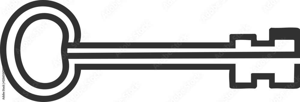Simple black and white key icon with an outlined design. Simple black and white key icon with an outlined design.
