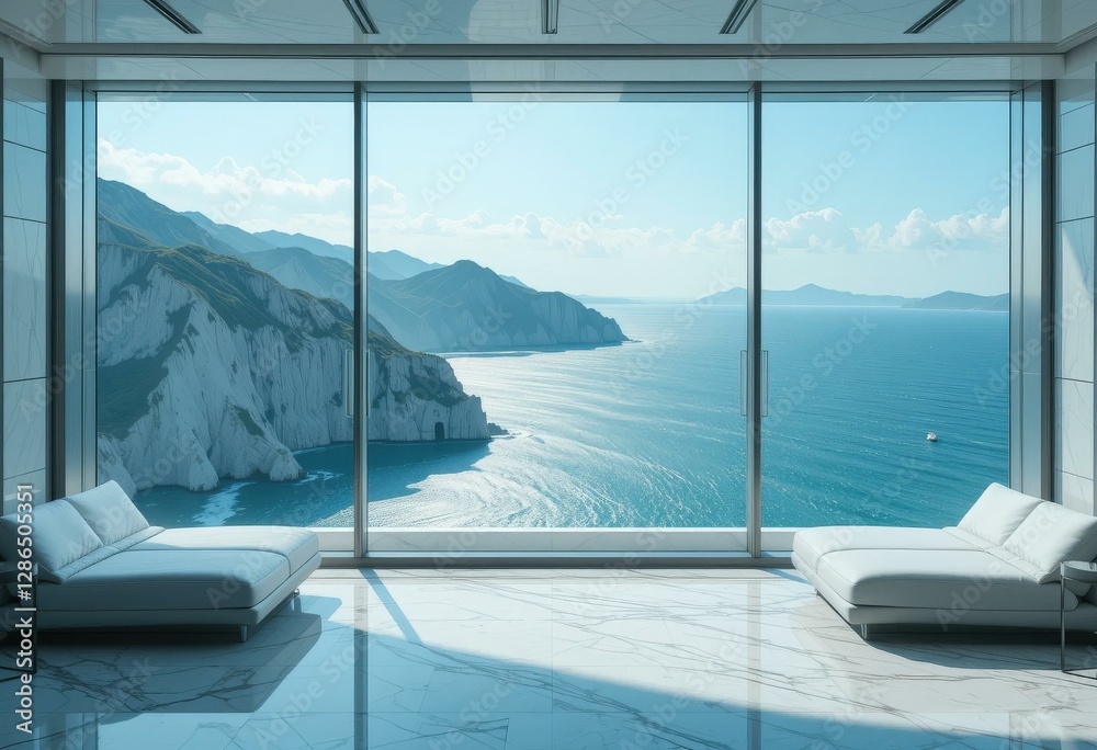 Fototapeta premium Luxury Modern Minimalist Coastal Landscape Glass Windows Lounge Chairs - Marketing High-End Real Estate Vacation Rentals Scenic Ocean Views