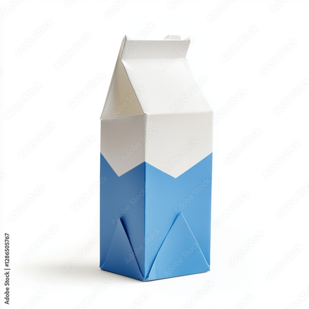 Origami milk carton with blue and white folded details, realistic shape, isolated on white Origami milk carton with blue and white folded details, realistic shape, isolated on white