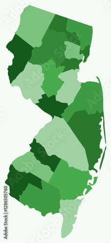 Map of New Jersey with counties. Just a simple state border map with county division. Green color palette. Blank State of New Jersey shape with administrative division. Vector illustration.