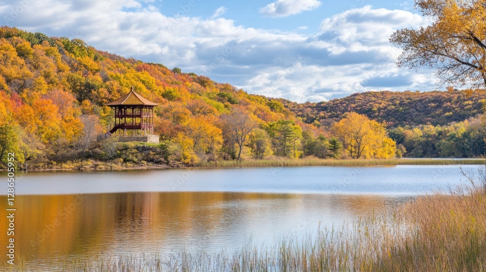 Autumn Lake Landscape with Colorful Trees and Pagoda Reflection Autumn Lake Landscape with Colorful Trees and Pagoda Reflection