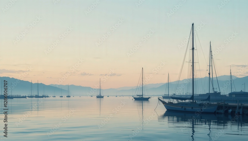 Serene Modern Minimalist Sunset Photo Sailboats Calm Water Pastel Blue Pink Sky - Tranquil Coastal Harbor Travel Tourism Marketing Serene Modern Minimalist Sunset Photo Sailboats Calm Water Pastel Blue Pink Sky - Tranquil Coastal Harbor Travel Tourism Marketing