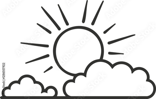Simple outline illustration of a sun behind clouds icon.