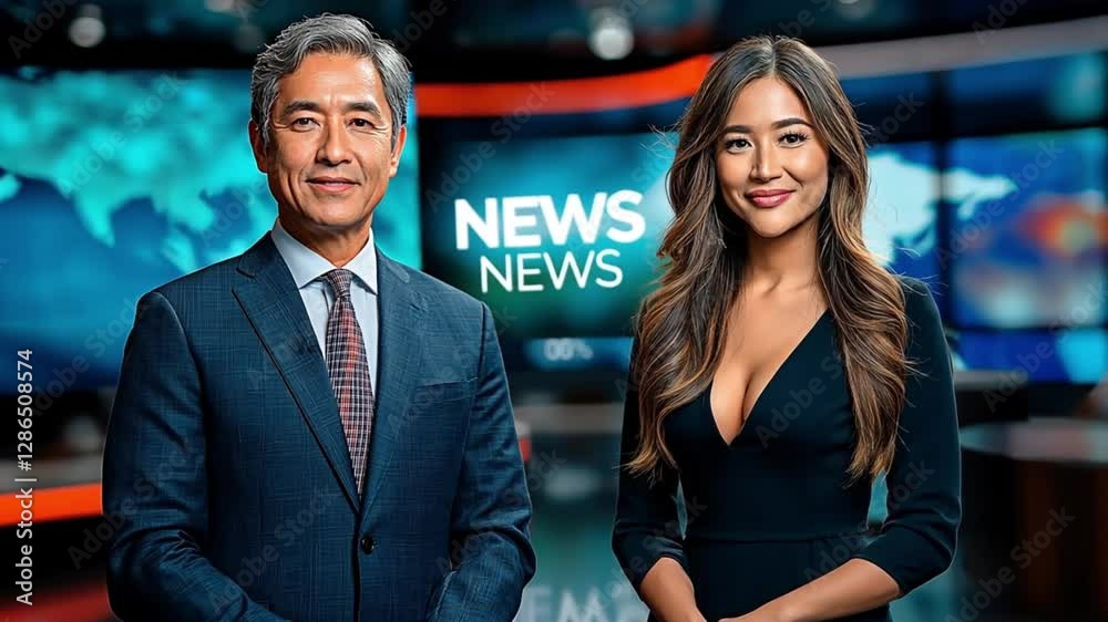 A male and a female news anchor stand side by side in a modern broadcast studio. Concept of professional reporting, timely information, and the dynamic world of journalism.