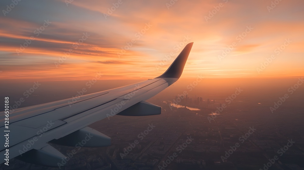 Fototapeta premium Breathtaking Paris Skyline from Aircraft Wing at Sunset