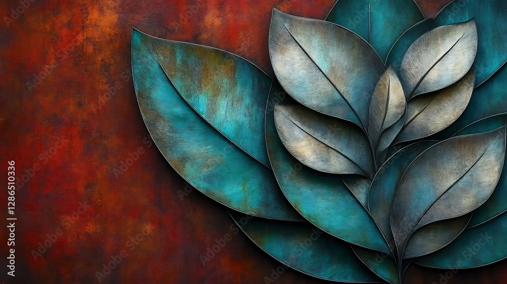 Obraz premium Teal metal leaves elegantly arranged against a rich red textured background. AI Generated