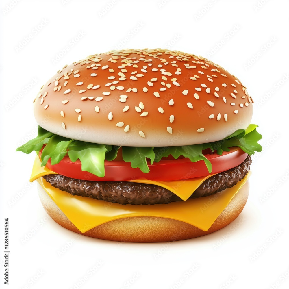 Classic cheeseburger with sesame bun isolated on white background Classic cheeseburger with sesame bun isolated on white background