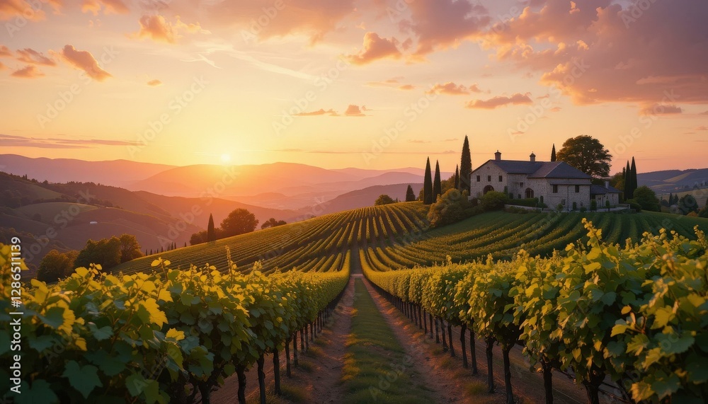 Fototapeta premium Stunning Vineyard Sunset Lush Green Grape Vines Rustic Farmhouse Rolling Hills - Wine Tourism Marketing Travel Promotion