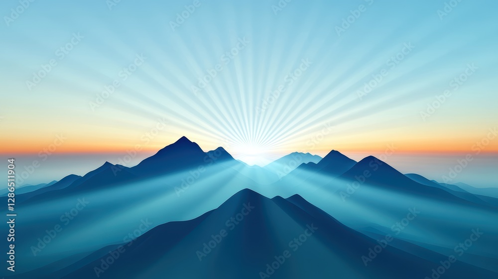 Fototapeta premium Majestic mountains with rays of sunlight at sunrise, illuminated sky and soft hues.