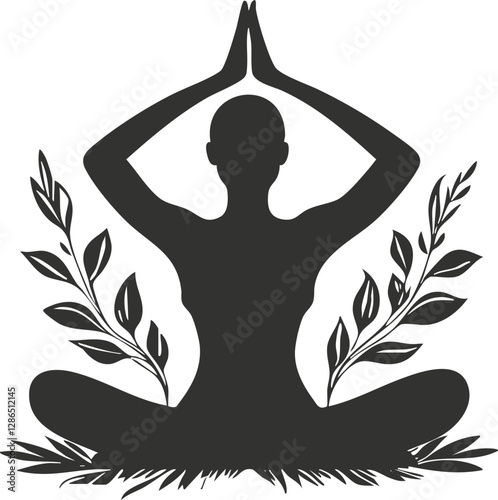 Silhouette of person meditating in lotus pose with decorative leaves.