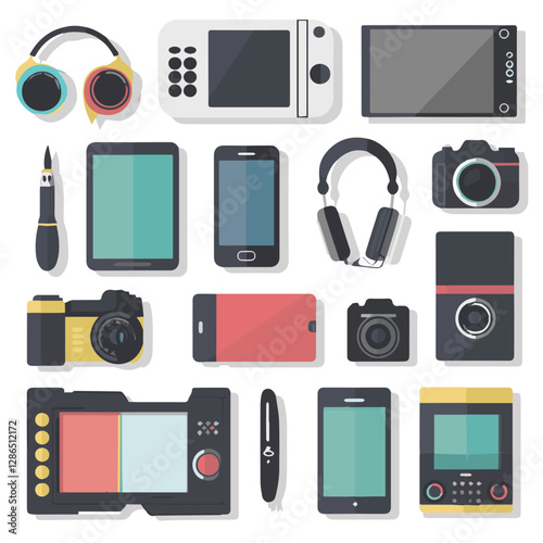 gadget, device, technology, background, modern, digital, vector, 3d, illustration, phone, electronic, mobile, headphones, wireless, equipment, headphone, headset, computer, design, object, hardware, s