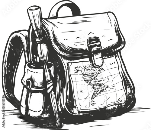 Vintage sketch of a backpack with a map, symbolizing adventure and travel.