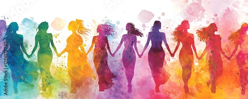 Women celebrating International Womena??s Day in a vibrant, watercolor-style illustration, full of color and empowerment.