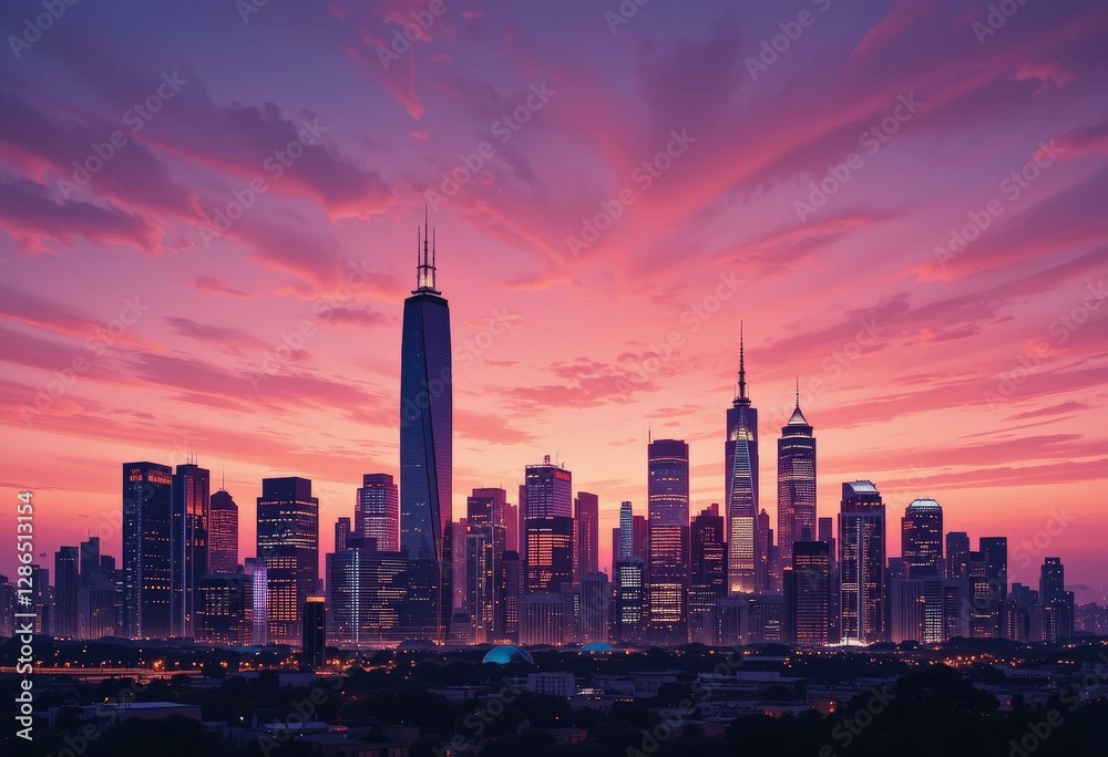 Naklejka premium Vibrant Sunset City Skyline Skyscrapers Dramatic Clouds - Urban Landscape Travel Tourism Marketing