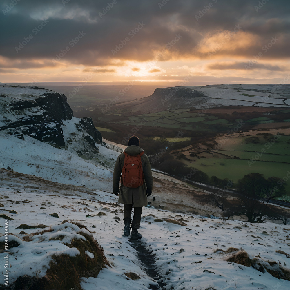 Obraz premium Rear view of man standing on mountain top during winter, Sunset & Sky