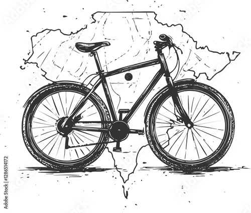Black and white bicycle illustration overlaid on a map of Brazil.