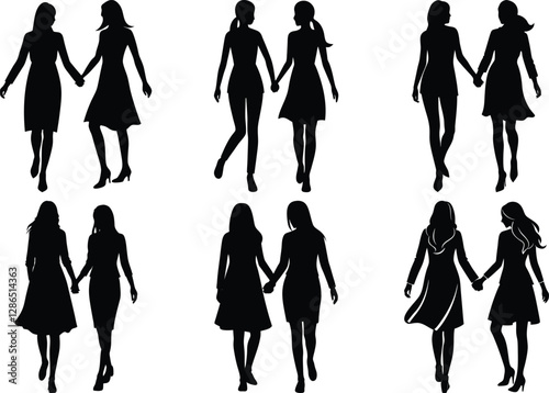 Two woman walking holding hands silhouette vector set