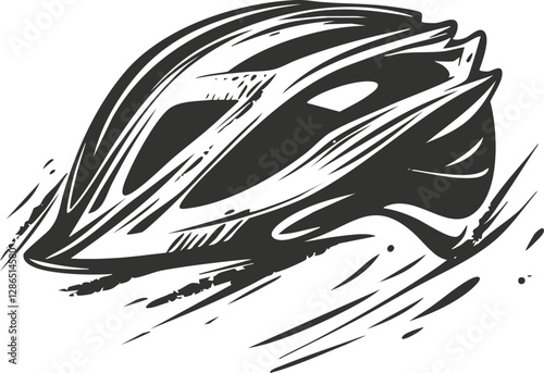 Dynamic black and white bicycle helmet illustration with speed lines.