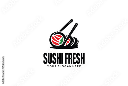 Sushi cut logo with chopsticks. Japanese food restaurant symbol vector design