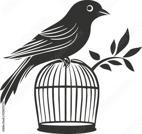 Silhouette of a bird perched on a cage with branch and leaves.