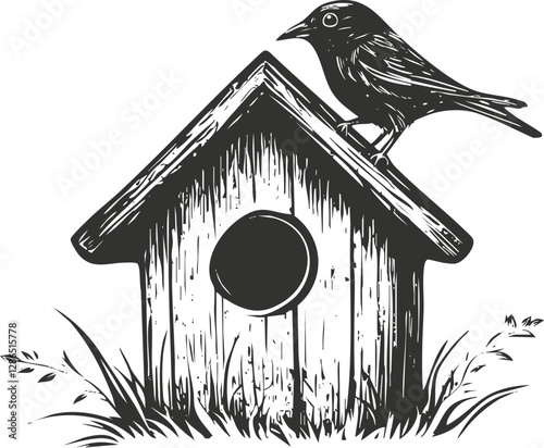 Illustration of a bird perched on a wooden birdhouse.