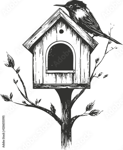 Monochrome illustration of a bird perched on a birdhouse in a tree.