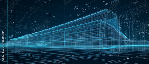 A sophisticated digital architectural blueprint of a sleek commercial skyscraper, depicted in a transparent wireframe style