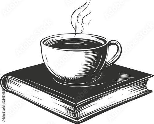 Vintage sketch of a steaming coffee cup on a closed book.