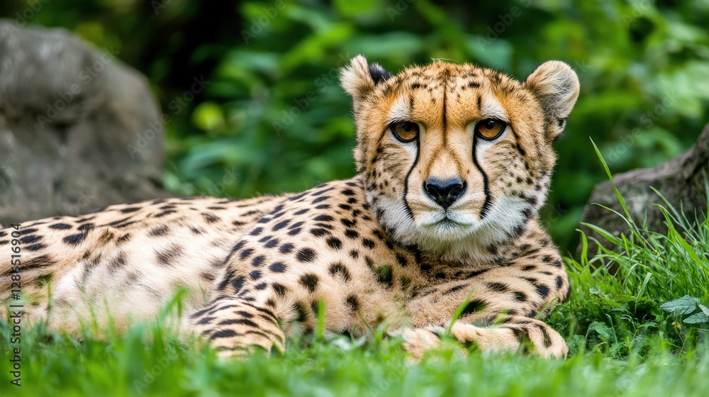 Beautiful Cheetah Relaxing in Lush Green Grass with Striking Spots and Intense Eyes Beautiful Cheetah Relaxing in Lush Green Grass with Striking Spots and Intense Eyes