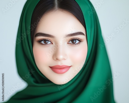 Beautiful young woman with striking features wearing elegant green hijab looking directly at camera with soft lighting and smooth background creating sophisticated modern portrait photography