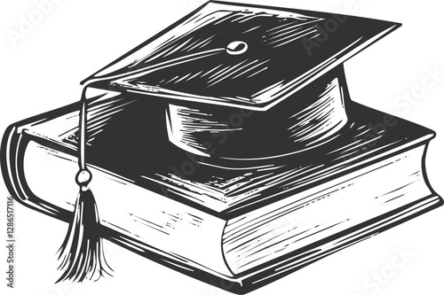 Illustration of a graduation cap resting on a book, symbolizing education.