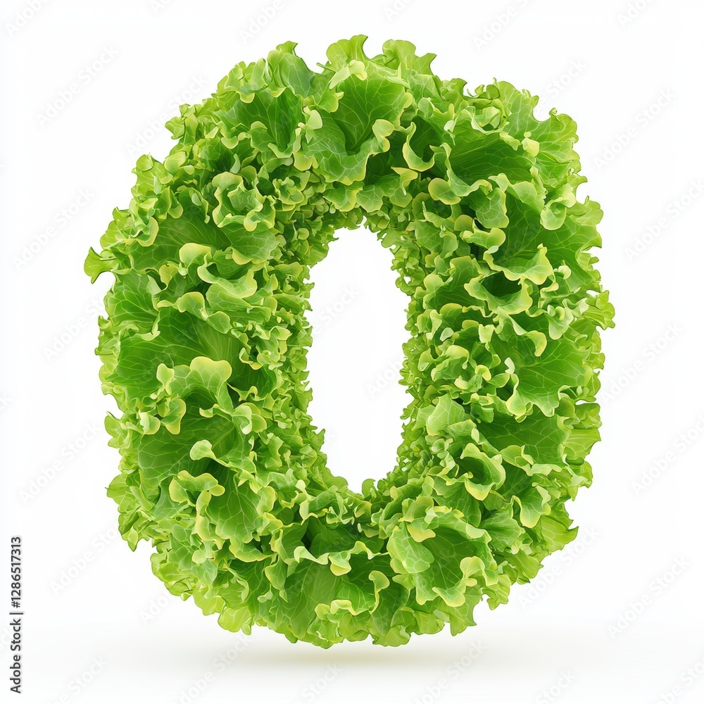Number 0 made of crisp lettuce leaves with bright green color and delicate texture isolated on a clean white background Number 0 made of crisp lettuce leaves with bright green color and delicate texture isolated on a clean white background