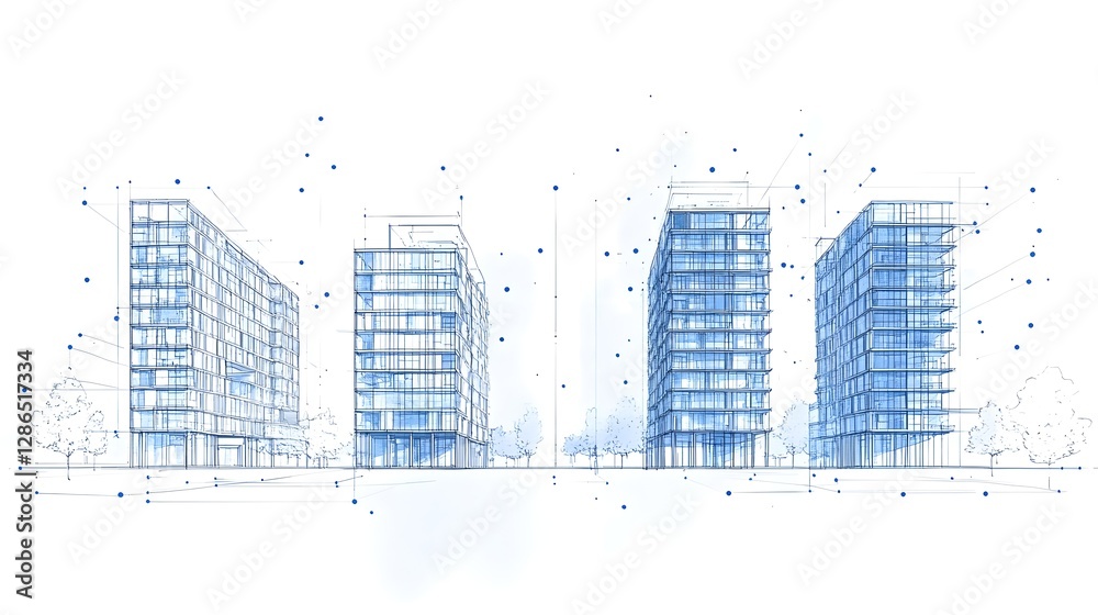 Modern Architectural Cityscape with Towering Glass Buildings and Technological Illumination Modern Architectural Cityscape with Towering Glass Buildings and Technological Illumination