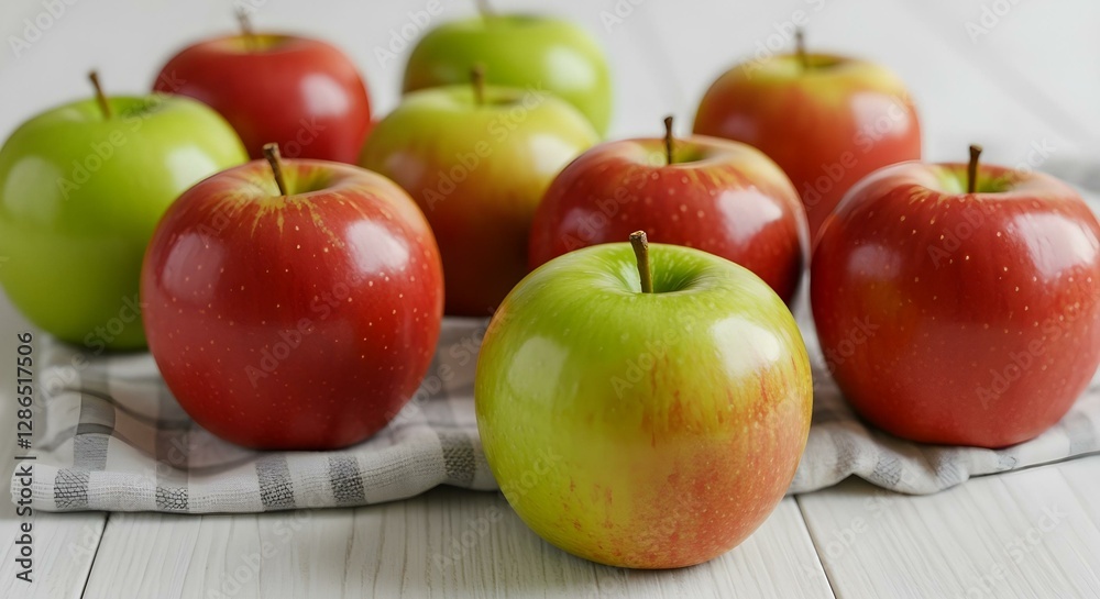 Un grupo de manzanas rojas y verdes sobre un paño blanco, algunas manzanas están desenfocadas, el fondo es una mesa de madera blanca Un grupo de manzanas rojas y verdes sobre un paño blanco, algunas manzanas están desenfocadas, el fondo es una mesa de madera blanca
