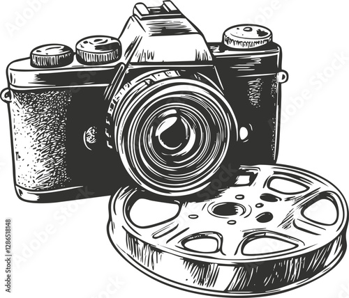 Vintage camera with film reel illustration in black and white style.