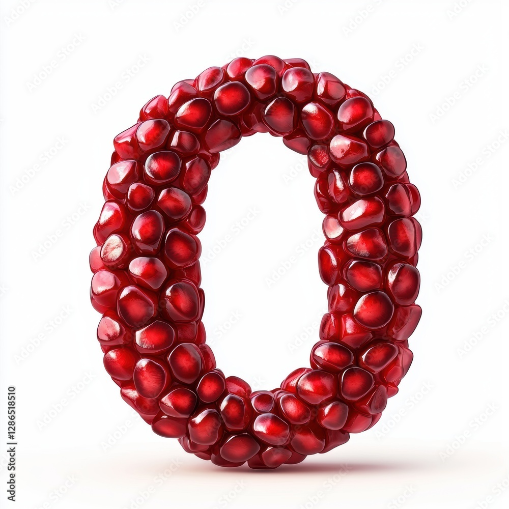 Number 0 made of juicy pomegranate seeds with deep ruby-red color and glossy reflections isolated on a clean white background Number 0 made of juicy pomegranate seeds with deep ruby-red color and glossy reflections isolated on a clean white background