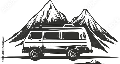 Illustration of a van with mountains in the background, symbolizing adventure.