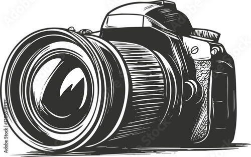 Black and white sketch of a digital camera with detailed lens illustration.