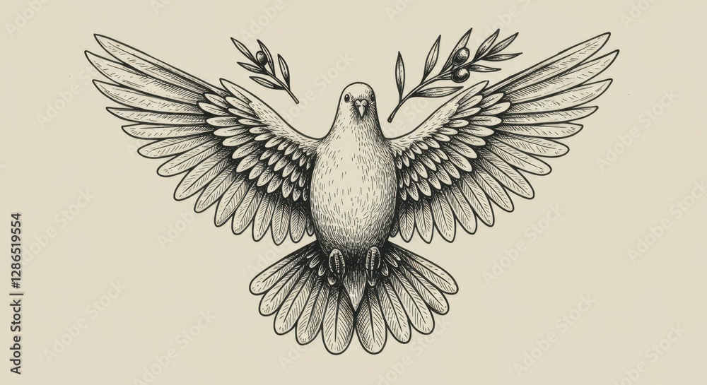 Obraz premium Dove of peace, spread wings, detailed feathers, olive branch, rays of light, sepia tones, vintage illustration, engraving style, religious symbolism, hope, freedom, pencil sketch, textured paper, arti