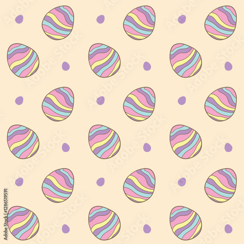 Cute seamless pattern featuring pastel-colored Easter eggs with wavy stripes on a beige background. Perfect for festive decorations and designs-Vector illustration