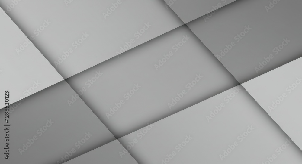 Obraz premium Minimalist geometric composition, overlapping paper sheets, subtle shadows, clean lines, white and light gray tones, abstract design, high contrast, sharp edges, folded paper texture, architectural si
