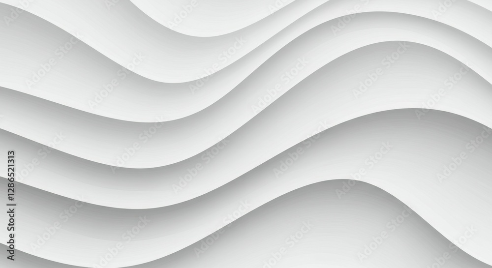 Fototapeta premium White wavy texture, abstract minimalist pattern, smooth undulating lines, soft shadows, monochromatic design, clean geometric shapes, flowing curves, subtle gradients, repeating wave motif, architectu