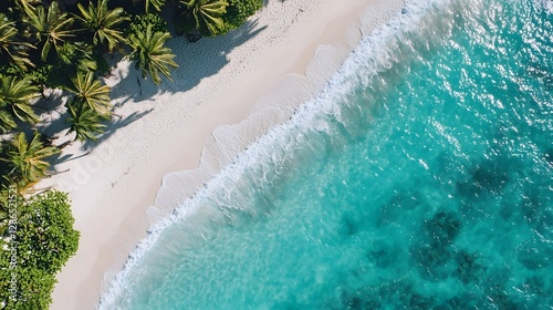 Breathtaking aerial view of crystal clear turquoise ocean waves gently lapping at a pristine white sandy beach framed by lush swaying palm trees in a tropical paradise
