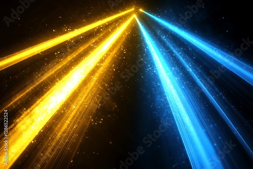 Yellow and blue light beams crossing each other on a black background with film grain, forming a textured design.