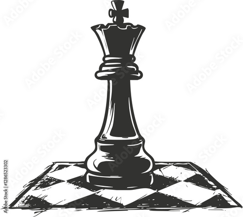 Monochrome illustration of a chess king piece on a checkered board.